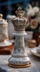 Ornate white porcelain chess king piece, detailed with gold accents and intricate designs, showcasing a regal crown and elegant base.