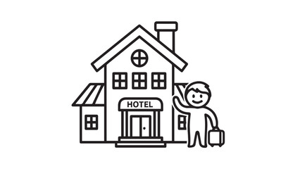 Fototapeta premium A stylized line drawing depicts a friendly person waving hello in front of a hotel building, holding a suitcase, ready for travel or arrival.