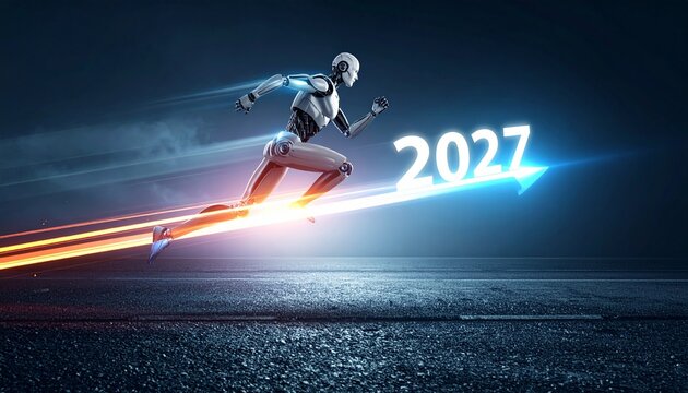 An futuristic robotic runner racing towards the year 2027, symbolizing progress and innovation