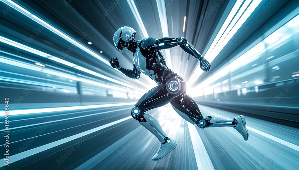Aufkleber an athletic robot running fast with motion blur in a futuristic setting