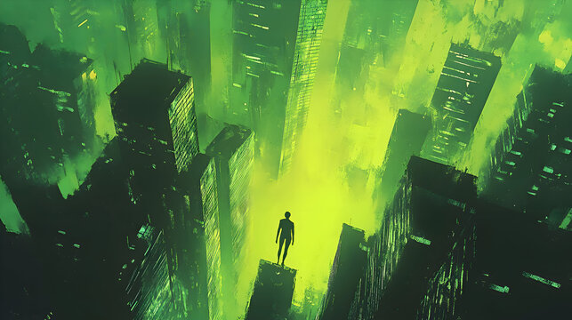 A digital painting of a person walking through a city where all the windows have been painted shut, symbolizing isolation