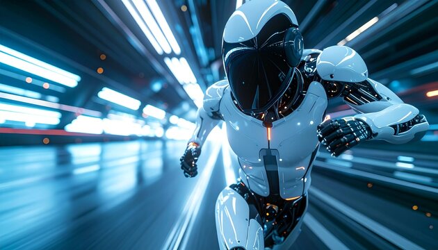 A futuristic cyborg robot is sprinting through a neon tunnel, showcasing speed and technology