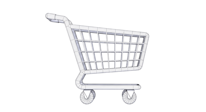 wireframe shopping cart digital model for ecommerce and retail design, isolated on transparent background