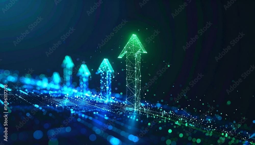Poster illustrative rendering of digital arrows pointing upwards, signifying progress and growth in a techn