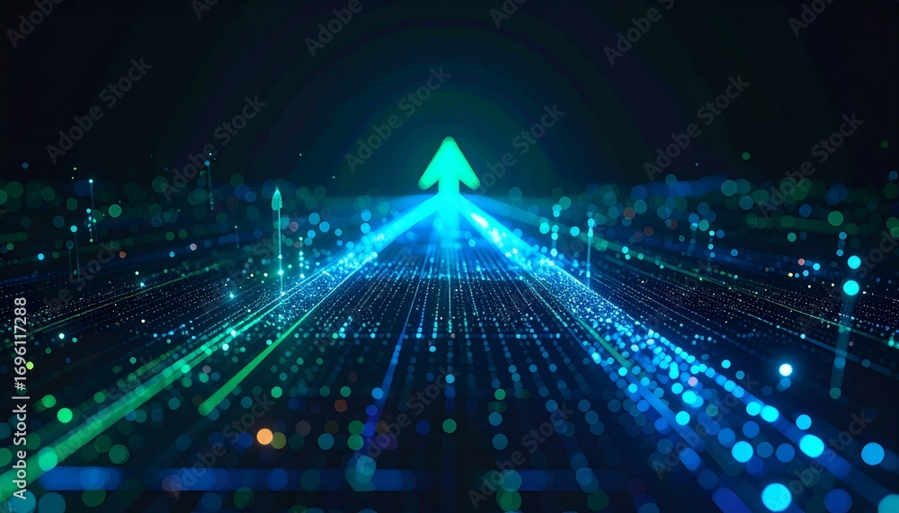 Poster a glowing blue arrow pointing upwards, surrounded by digital data streams, symbolizing growth and pr