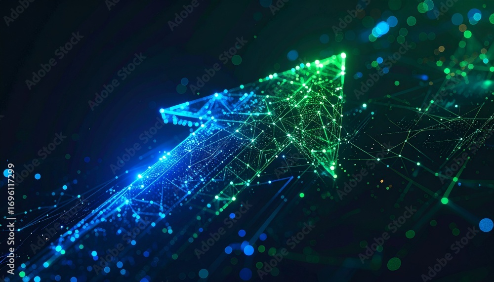 Poster a digital green arrow pointing upwards on a dark background, representing growth and progress. the a