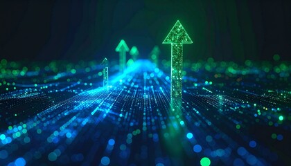 A futuristic digital pathway with upward arrows representing growth and progress