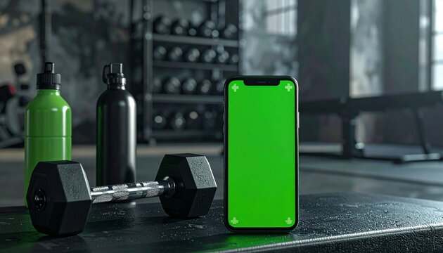 Green screen smartphone mockup on a gym counter with a dumbbell and water bottles, ideal for fitness app promotions and digital health advertising