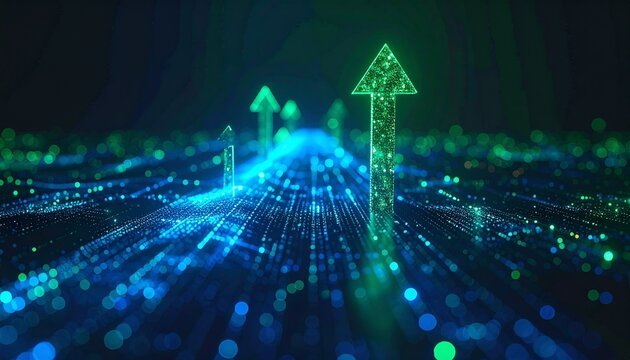 A futuristic digital pathway with upward arrows representing growth and progress