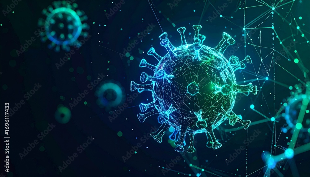 Poster a conceptual illustration of the virus in a digital environment, representing its structure and spre