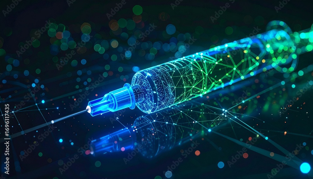 Poster a digital rendering of a syringe, with interconnected lines of light, and floating dots, suggesting 