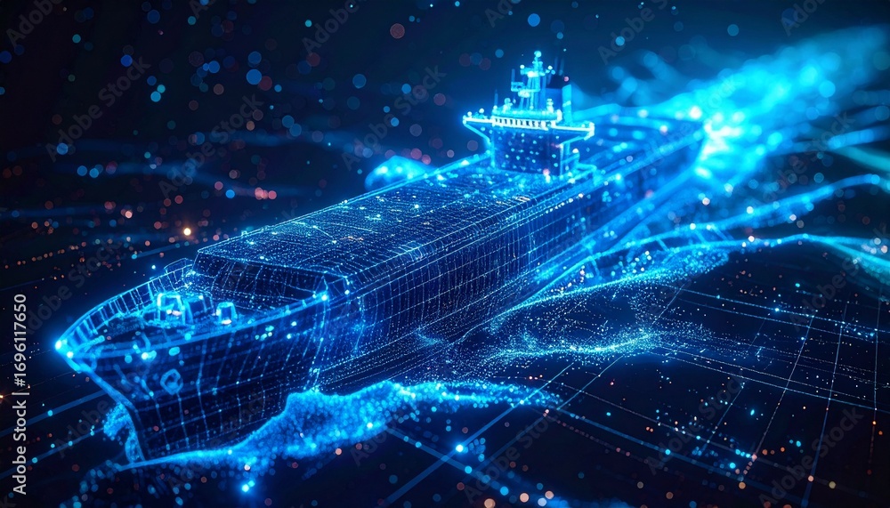 Poster futuristic digital visualization of an aircraft carrier in motion, rendered with glowing lines and a