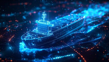 Digital cargo ship moving across a sea of data, a concept of technological innovation and global trade. The ship's lines glow with energy and movement.