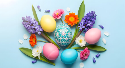Colorful easter eggs and flowers arrangement on a bright blue background