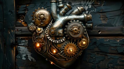 Fototapeta premium Steampunk mechanical heart with glowing brass gears, copper pipes, and vintage industrial elements against dark wooden background creates mysterious atmosphere.
