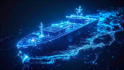 Digital depiction of a ship with glowing lights sailing on digital water, representing the technology and maritime industry