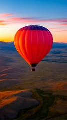 Fototapeta premium Red hot air balloon floating over mountainous landscape during dramatic sunset with vibrant orange and pink sky, aerial perspective capturing adventure tourism moment.