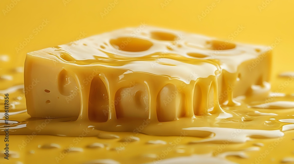 Poster melted cheese slice with holes on yellow background, dripping and creating smooth texture. close up 