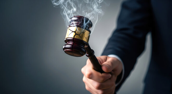 A man in a suit holding a smoking, cracked judge's gavel, symbolizing broken justice and a corrupt legal system