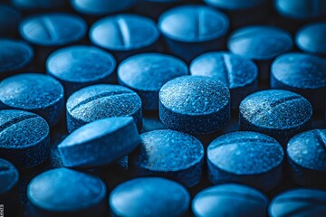 Blue pharmaceutical pills arranged in rows on dark background with selective focus and textured surface detail showing medical drug manufacturing.