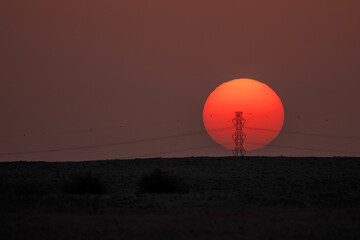 Doha, Qatar - September 7, 2025: Power transmission line poles against the sun. Sunset view with high tension pole 