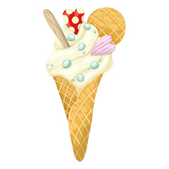 A delightful hand-drawn vector illustration of an ice cream cone. This sweet treat features a creamy scoop, sprinkles, decorative heart candies, a waffle disc, and a wooden spoon