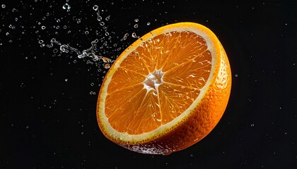 A vibrant image of a halved orange submerged in water, with water droplets and a dark backdrop, evoking freshness