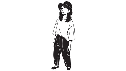 Fototapeta premium A young woman wearing a bucket hat and loose-fitting clothing stands looking upwards with a gentle smile.