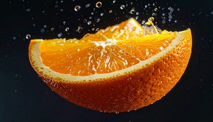 A vibrant orange slice submerged in water, with droplets splashing in the air, capturing the freshness and juiciness