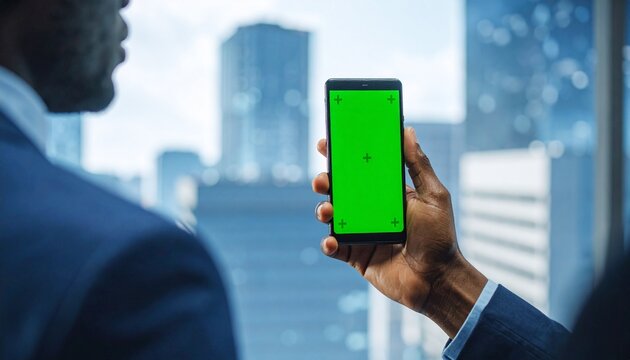 Close up of a Black businessman's hand holding a smartphone with a green screen, showcasing a corporate app mockup in a modern office with a city background