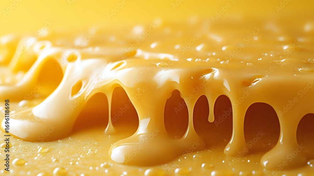 Poster melted cheese texture with stretchy strings and drips on yellow background, extreme macro close up v