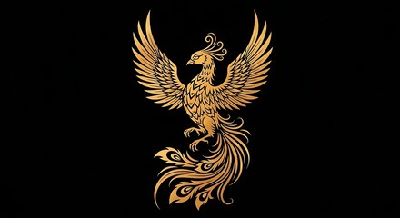 Majestic golden phoenix rising with ornate wings, a digital illustration of the mythical bird of immortality