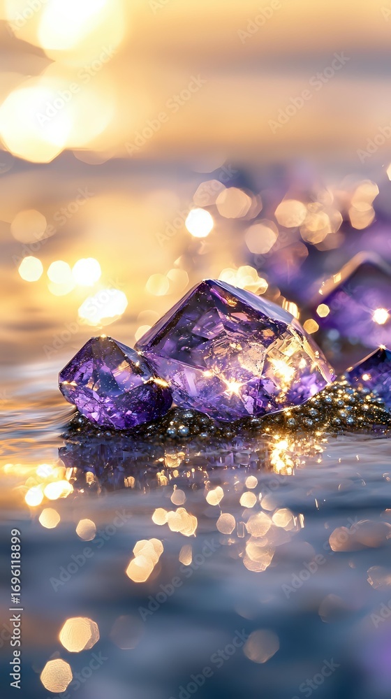 Poster purple amethyst crystal clusters on reflective surface with golden bokeh lights creating magical atm
