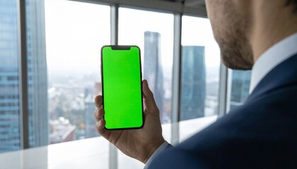 Unrecognizable businessman in a suit holding a smartphone with a green screen for mock-up, with a modern city skyline in the background