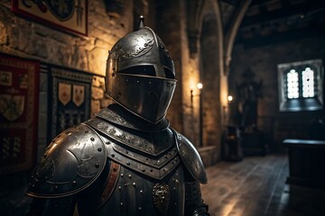 Majestic medieval knight full armor standing in historic castle interior illuminated by soft light