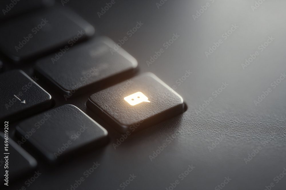 Poster closeup of a keyboard with a highlighted chat bubble key, symbolizing online communication, connecti