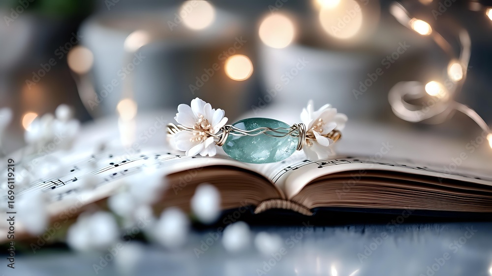 Poster Open book with delicate white flowers and turquoise crystal lying on pages against soft bokeh lights background, creating magical reading atmosphere.