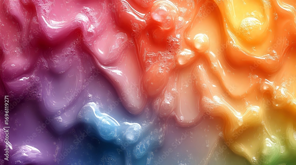 Poster Vibrant swirling abstract background with fluid rainbow colors blending together in smooth waves and curves creating dynamic flowing motion and ethereal atmosphere.