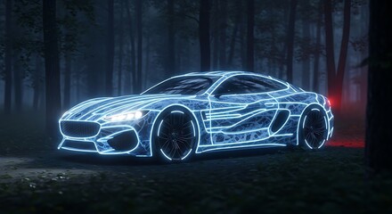 Stunning digital art of a futuristic sports car with vibrant blue neon glowing lines, like energy circuits, in a dark, atmospheric forest at night. High-tech, mysterious and captivating.