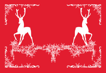 red and white vector frozen ornament with christmas deer and winter snow flakes forming festive border copy space frame