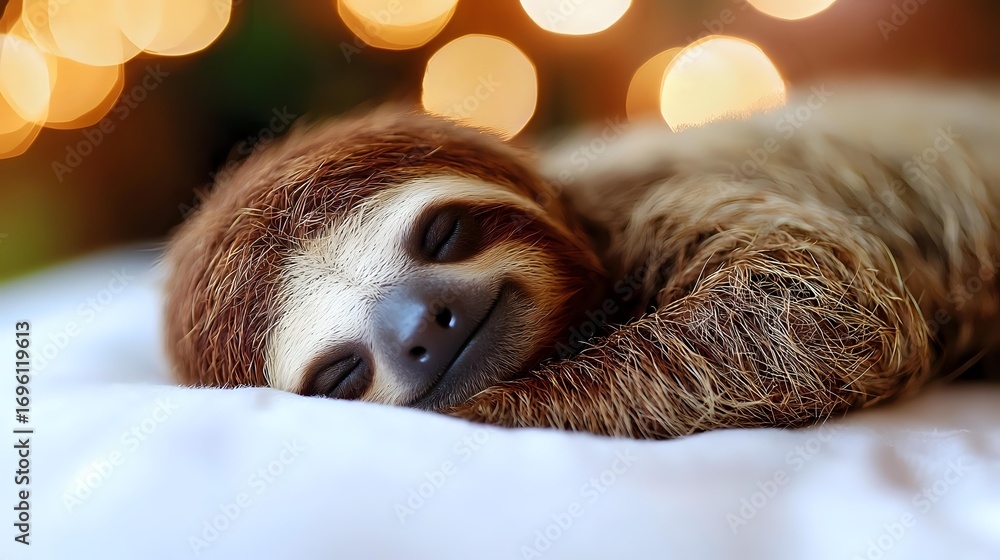 Poster adorable brown-throated sloth resting with peaceful expression on soft white surface, blurred warm b
