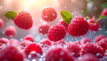 Fresh, juicy raspberries are captured mid-air, creating a visually stunning image of vibrant red berries. They are surrounded by water droplets.