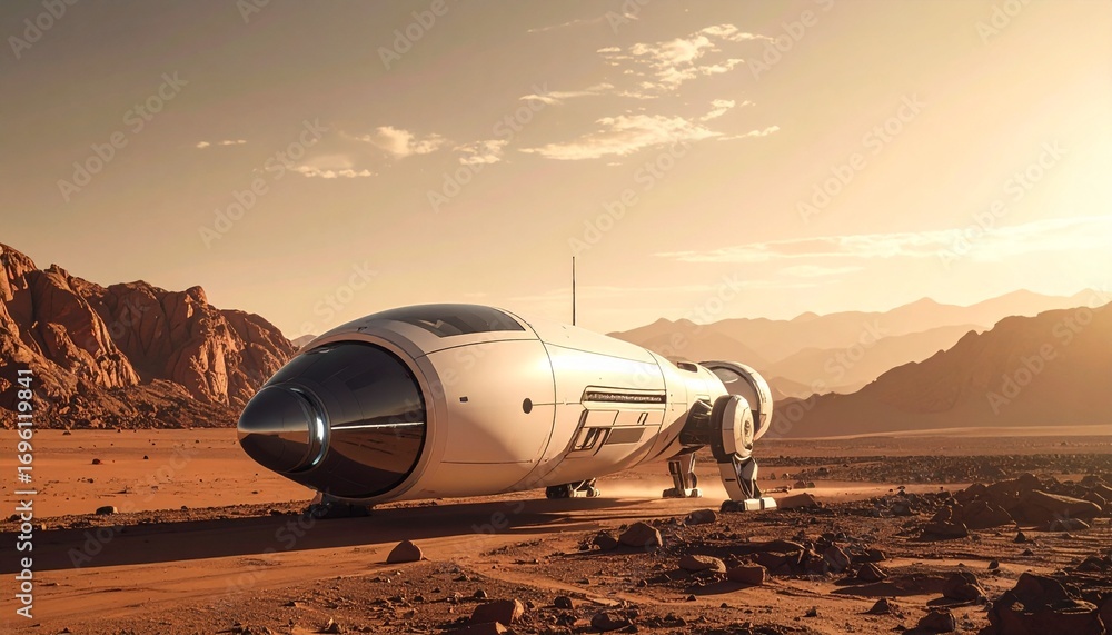 Poster an futuristic spacecraft parked on the surface of an alien planet. the spacecraft is a sleek, modern