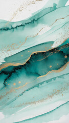 Abstract watercolor layers in mint green and light turquoise with golden splatter accents, fresh and elegant style