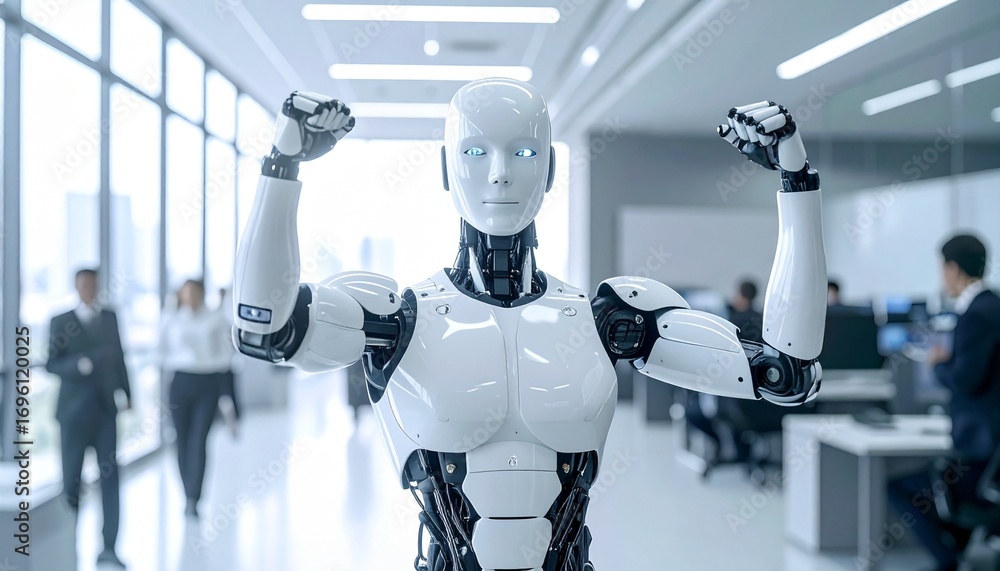 Aufkleber a strong humanoid robot standing confidently in a modern office setting with people working in the b