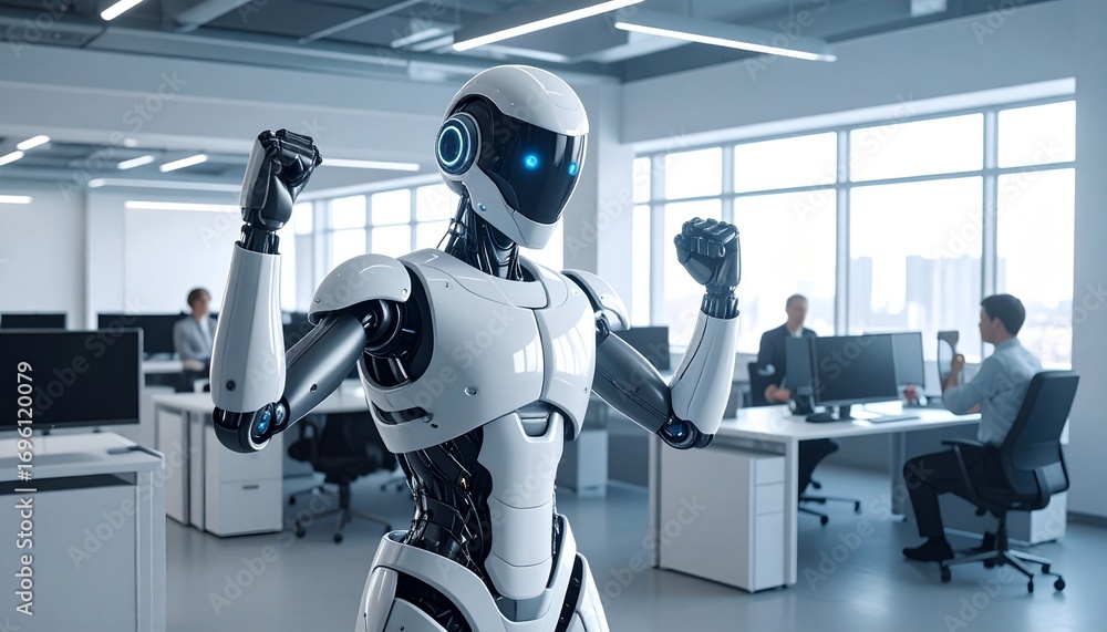Poster futuristic office environment with a robot, embodying the concept of technological integration and a