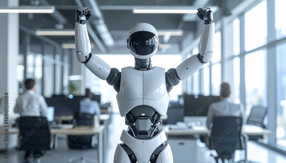 Poster a futuristic robot with arms raised in a modern office environment. the robot has a metallic body an