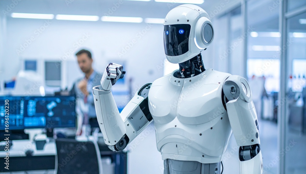 Poster futuristic humanoid robot stands proudly in a modern office environment, with a person working at a 