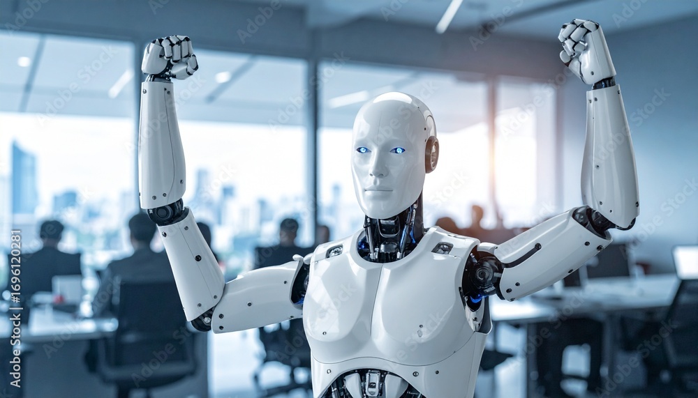 Aufkleber a humanoid robot standing tall with arms raised. the robot appears to be in an office environment an