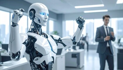 Futuristic robot in a modern office setting alongside an office worker